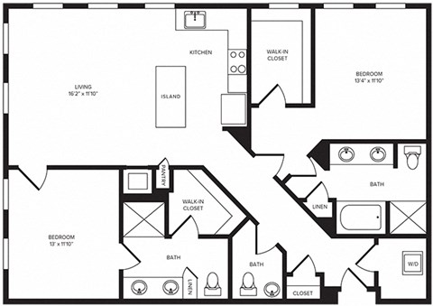 Floor plan for 2 beds, 2 baths, 1352 sqft